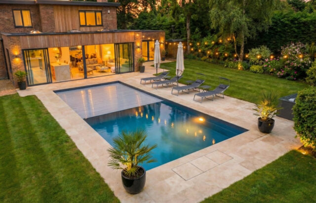 Covering a swimming pool with a slatted automatic security cover, NFP90-308 safety standards for domestic and commerical swimming pool covers